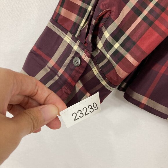 New Talbots size 16 Burgundy Plaid Faux Wrap Pure Silk Taffeta Office Blouse - Picture 11 of 12